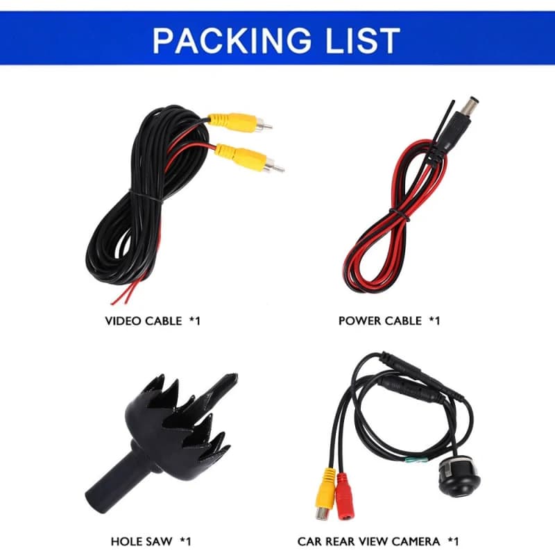 CM67 rear view camera packing list with video cable, power cable, hole saw and camera