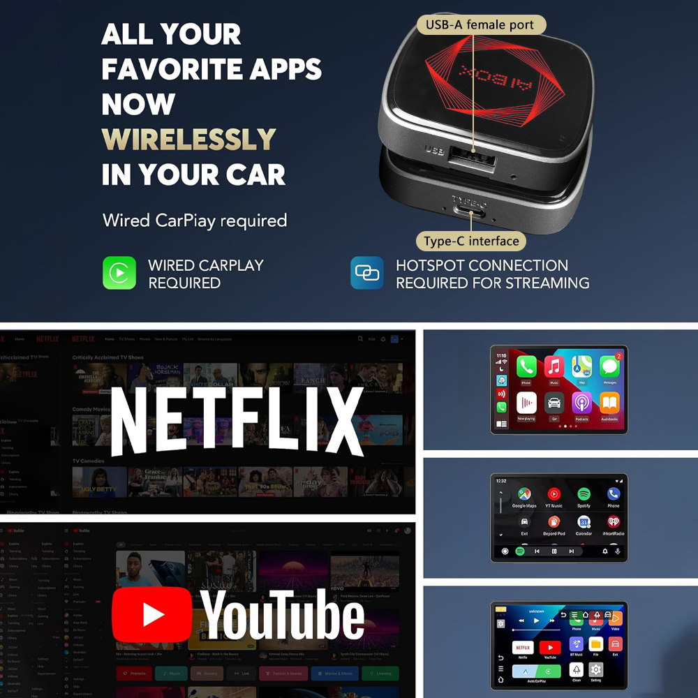 AI028 wireless apps CarPlay AI box with USB-A female port and Type-C interface AI028 wireless apps CarPlay AI box with USB-A female port and Type-C interface