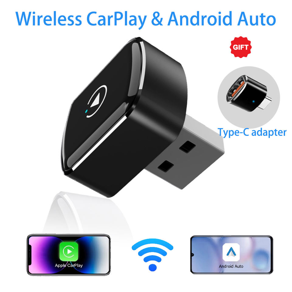CP056 Wireless CarPlay Adapter catalog image - CP056 compact black USB wireless CarPlay adapter converts wired CarPlay and Android Auto to wireless.