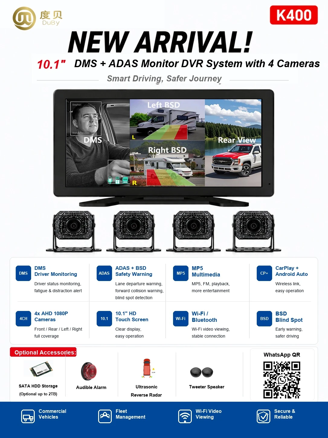 K400 4-Channel Truck Camera System catalog image - K400 four-channel commercial vehicle recorder with a 10.1-inch IPS touch display, MP5 multimedia.